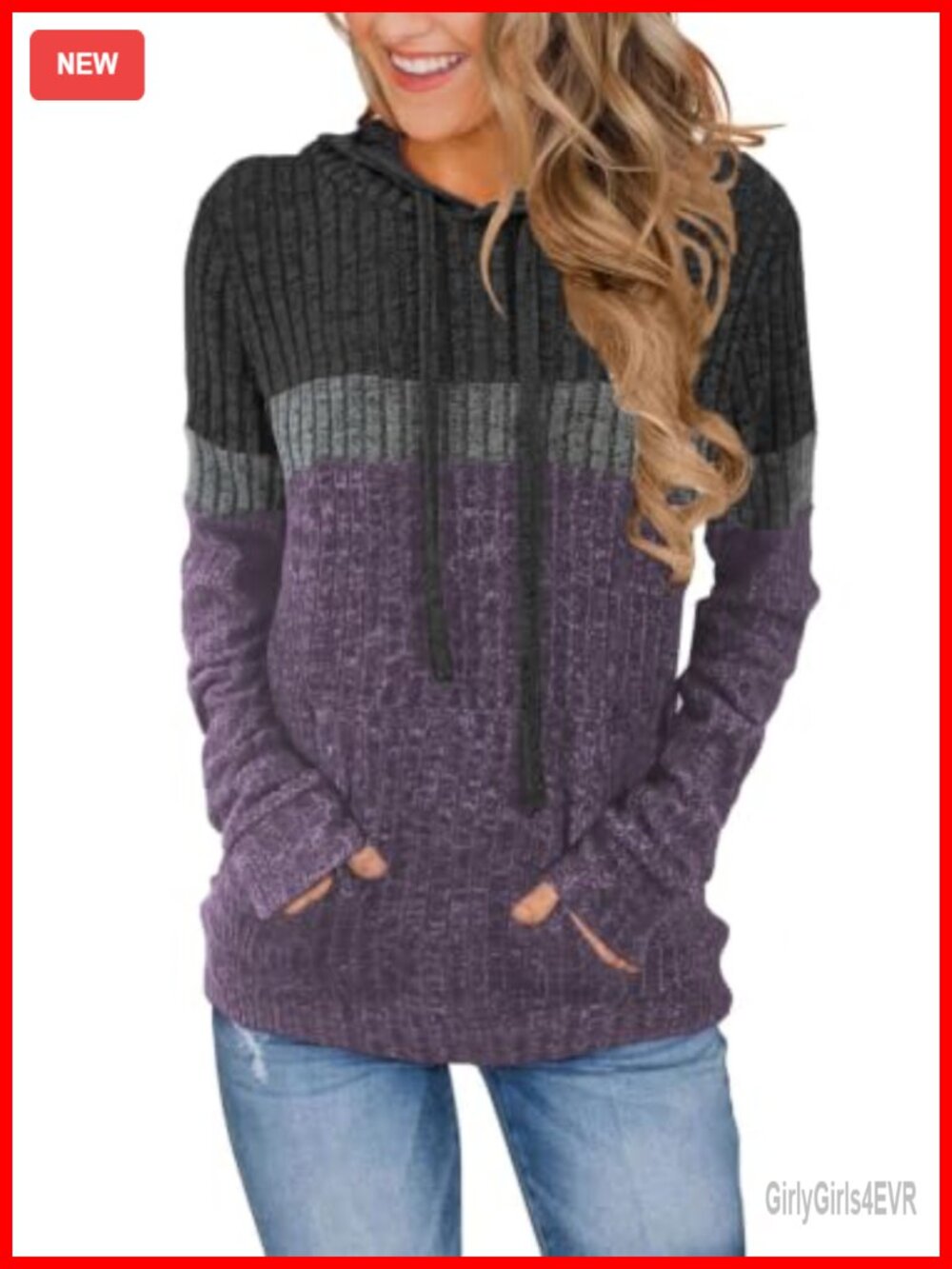Womens Ribbed Knit Hoodie Colorblock Pullover Sweater Loose Long Sleeve